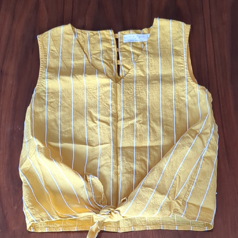Yellow and White Striped Tie-Front Blouse